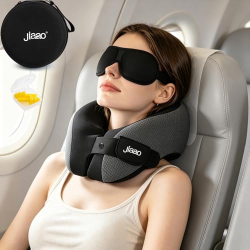 jiaao Travel Pillow Premium Memory Foam Neck Support, 360° Support Ergonomic Design Neck Pillow for Airplanes, Cars & Trains with Eye Mask, Earplugs and Bag - color: #Black+grey