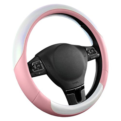 Road Comforts Steering Wheel Cover – Breathable Leather Steering Wheel Cover, Anti-Slip Grip, Universal Fit 14.5” to 15”, Heat & Cold Resistant for Cars, SUVs, and Trucks –Shining White & Pink - color: White&Pink
