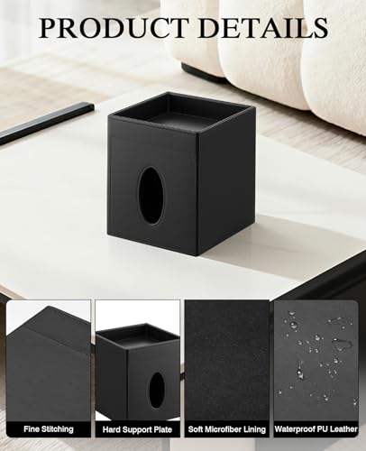 Luxspire Square Tissue Box Cover, PU Leather Square Tissue Box Cover with Storage Tray, Tissue Box Holder, Tissues Cube Boxes Cover for Living Room, Bedroom Countertop Cars Hotels, Black