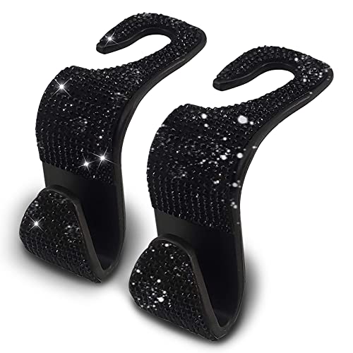 2PCS Car Seat Hooks - Bling Rhinestone Headrest Hooks with Universal Design - Perfect for Holding Handbags, Clothes, Purses, and Water Bottles - Black