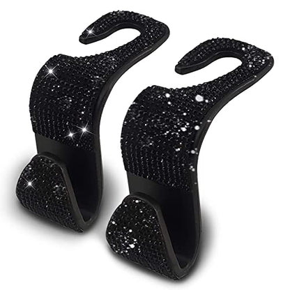 2PCS Car Seat Hooks - Bling Rhinestone Headrest Hooks with Universal Design - Perfect for Holding Handbags, Clothes, Purses, and Water Bottles - Black