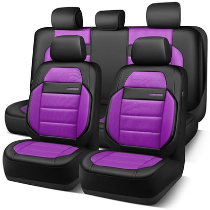 CAR PASS Memory Foam Seat Covers Full Sets, Airy Cool Mesh Thick Car Seat Covers Women, Leather Car Seat Covers 5 Seats Airbag Compatible, Universal Automotive Comfort for Cars, Trucks, SUV, Purple - color: purple
