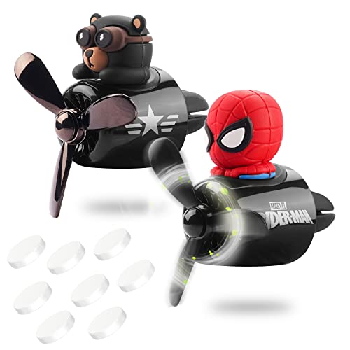 2pcs Car Air Fresheners Cartoon Cute Bear Pilot Automotive Air Outlet Propeller Car Diffuser Creative Car Perfume Decoration for Car Vent Clips with 8 Fragrant Tablets for Women Men (Bear + Hero) - color: Bear + Hero