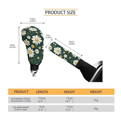 Daisy Printed Car Handbrake Cover and Gear Shift Cover Sets for Women Men, Soft Elastic Car Handbrake Cover with Shift Knob Cover, Universal Fits Car Interior Accessories, Set of 2 - color: Daisy - Green and White