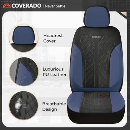 Coverado Car Seat Covers Full Set, Leather Seat Covers, Waterproof Automotive Protectors 5-Seat, Luxury Universal Fit Seat Covers for SUV, Truck, Sedan and Most Vehicles All-Weather - color: Bule&Black