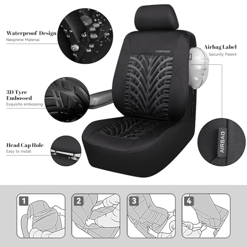 CAR PASS Neoprene Waterproof Seat Covers,Wetsuit Car Seat Covers Front Seats Universal Fit for Vans, Truck, SUV Two Front Only, 3D Tyre Embossed Anti Slip with Armrests, Airbag Compatible(Black) - color: Black Pure, size: Two Front