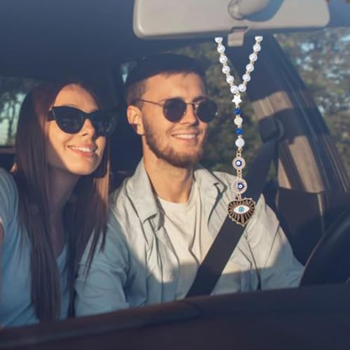 2pcs Evil Eye Car Hanging Ornament Hamsa Evil Eye Rear View Mirror Lucky Car Charm Lanyards Hanging Accessories Hand of Evil-Eye Sun Catcher Pendent for Window Home Door Frame Balcony