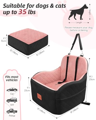 Lealchum Dog Booster Car Seat for Small/Medium Dogs,Puppy Portable Car Bed with Elevated Cushion,Fully Detachable and Washable,2 Storage Pockets,Easy to Install (Black/Pink, Medium) - color: Black/Pink
