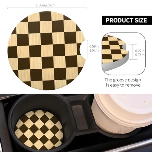 2 Pack Universal Ceramic Car Coasters，Ceramic Stone with A Finger Notch for Easy Removal of Car Cup Holder Coaster(Coffee Checkered) - color: Coffee Checkered
