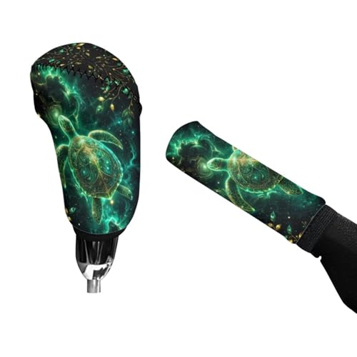 2 Piece Car Gear Shift Knob Cover and Handbrake Cover Sets for Women Men, Sea Turtle Print Anti-Skid Car Handbrake Cover with Gear Shift Covers, Easy to Install, Universal Fits - color: Green and Black - Sea Turtle