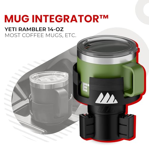 Integral Expandable Mug Holder - YETI 14oz Rambler Cup Holder - Car Cup Holder Expander with Adjustable Base - Rubber Tabs Hold Most Coffee Mugs Ramblers 10oz