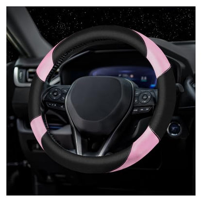 Soft Leather Steering Wheel Cover with Breathable Design and Anti-Slip Grip, Fully Compatible with Tesla, Toyota, Honda, Nissan 14.5-15.2 inch Round Steering Wheel（Sedans and SUVs） - color: DOUBLE-PINK