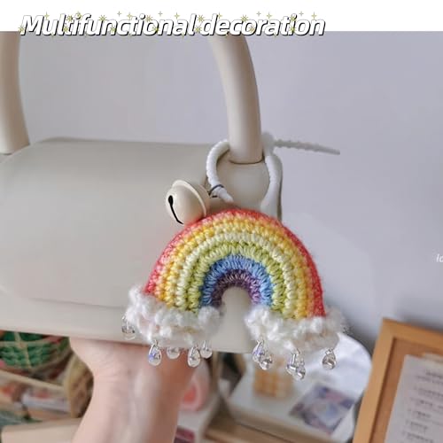 Cute Rainbow Car Mirror Hanger - Crochet Hand Knitted Rear View Mirror Accessory - color: Rainbow