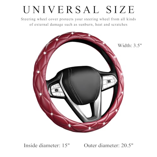 Bling Crystal Steering Wheel Cover, 15 Inch Soft Leather Sparkling Rhinestone Steering Wheel Protector, Universal Anti-Slip Steering Wheel Pad for Women Girls, Car Accessories (Wine Red) - color: Wine Red