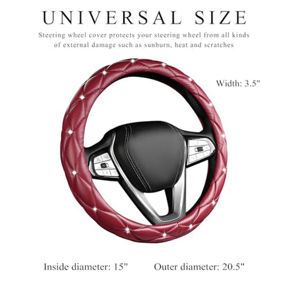 Bling Crystal Steering Wheel Cover, 15 Inch Soft Leather Sparkling Rhinestone Steering Wheel Protector, Universal Anti-Slip Steering Wheel Pad for Women Girls, Car Accessories (Wine Red) - color: Wine Red