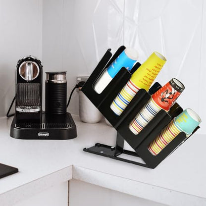 Tirifer 2 Pack Disposable Paper Cup Dispenser, Adjustable Coffee Cup and Lid Holder with 4 Compartments, Cup Storage & Lid Organizer for Countertop Coffee Station Bar Restaurant Breakroom, Black