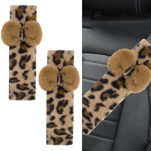 YoRise 2PCS Brown Leopard Print Car Seat Belt Cover, Soft Fluff Auto Seat Shoulder Strap Pad, Comfortable Vehicle Interior Seatbelt Protector Cushion Accessories for Truck, SUV, Airplane(Leopard) - color: Leopard