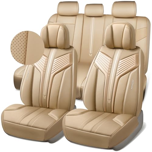 CAR PASS Nappa Leather Seat Covers, Breathable Waterproof Car Seat Covers Full Set, Luxury 3D Sponge Support Full Coverage Seat Protector, Universal Fit SUV Pick-up Truck Sedan Automotive All Beige - color: Beige, size: Full Set Full Coverage