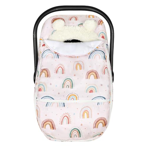 Winter Car Seat Cover Baby Girl Boy, Warm & Windproof Infant Carseat Cover Canopy Protect Baby from Cold Weather, Plush Fleece, Pink Rainbow - color: Pink Rainbow