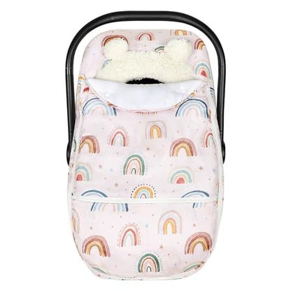 Winter Car Seat Cover Baby Girl Boy, Warm & Windproof Infant Carseat Cover Canopy Protect Baby from Cold Weather, Plush Fleece, Pink Rainbow - color: Pink Rainbow