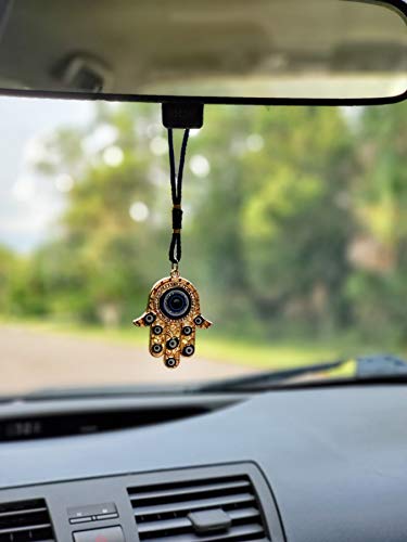 LUCKBOOSTIUM Hamsa Hand Amulet Pendant with Blue, White & Black Crystal Rhinestones & Evil Eye - Car Hanging Ornament, Rearview Mirror Accessories, Evil Eye Protection, Bag Charm, Gold Tassel - color: Gold Finish & Matching Tassel