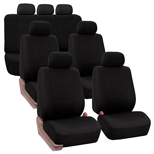 FH Group Flat Cloth Full Set Car Seat Covers Three Row 7 Seater - Universal Fit for Cars, Trucks & SUVs (Solid Black) - color: Black