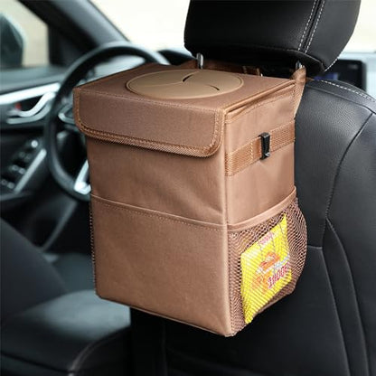 AOKJOY Car Garbage can with lid Leak Proof Vehicle Trash Can 3 Storage Pockets Hanging Waterproof car Trash Bag for SUV Brown - color: brown