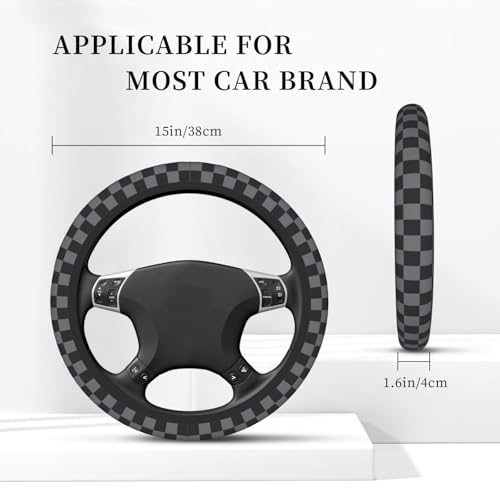Dark Gray Checkered Steering Wheel Cover for Women, Universal Auto Steering Wheel 14-15 Inch Car Interior Accessories with 2PCS Car Coasters, Suitable for Men and Women