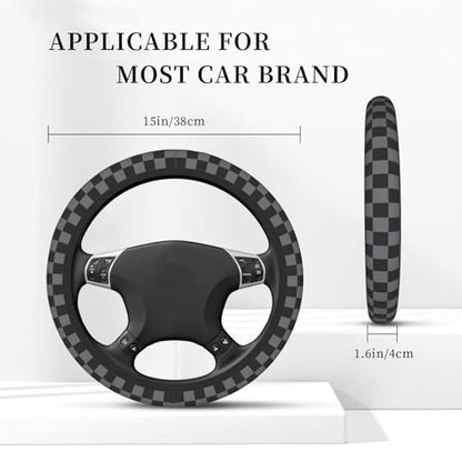 Dark Gray Checkered Steering Wheel Cover for Women, Universal Auto Steering Wheel 14-15 Inch Car Interior Accessories with 2PCS Car Coasters, Suitable for Men and Women