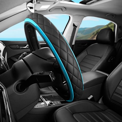 Road Comforts Leather Steering Wheel Cover – Black & Blue, Universal Fit 14.5-15 Inch, Microfiber Leather, Anti-Slip & Breathable Design for Men and Women - color: Lighet Blue