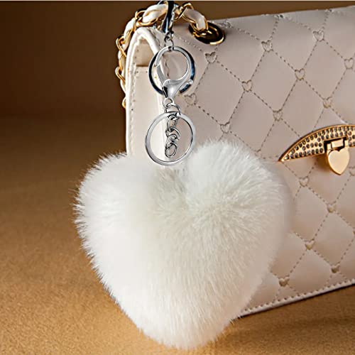 Cute Faux Rabbit Fur Ball Pom Pom Keychain Car Key Ring Handbag Tote Bag Pendant Purse Charm - color: Heart-white