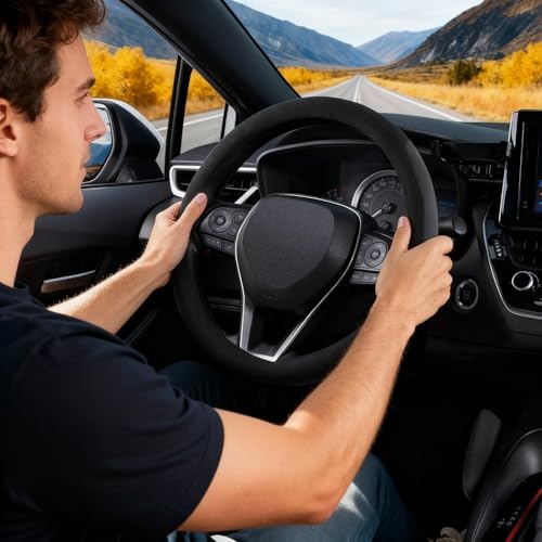 15 inch Microfiber Suede Car Steering Wheel Cover, Universal Anti-Slip Grip Protector for SUV Truck, Black & Grey