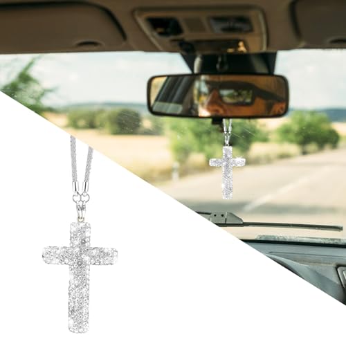 starfa lab Bling Car Rear View Mirror Accessories Hanging Pendant,Cross Crystal Rhinestone For Car Mirror Hanging,Double-Sided Cross Diamond Religious,Interior Men Women Car Accessories - color: Silver