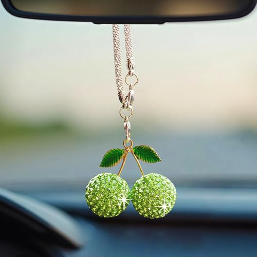Bling Cherry Car Hanging Ornament, Cute Crystal Rear View Mirror Pendant, Sparkly Diamond Rearview Mirror Charms, Lucky Car Interior Decor Accessories (Green) - color: Green Cherry