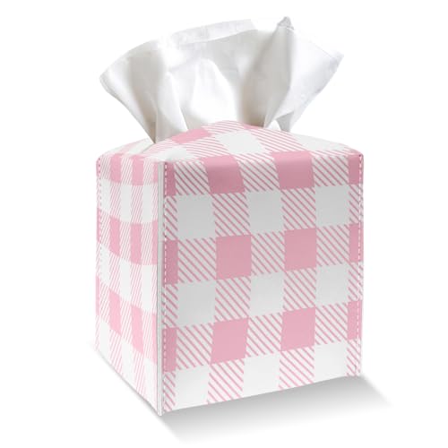 Tissue Box Cover Holder - Pink and White Plaid PU Leather Tissue Box Cover with Bottom Belt, Square Facial Paper Organizer Dispenser for Tabletop, Bathroom, Kitchen, Car & Office -027 - color: Pink and White Plaid