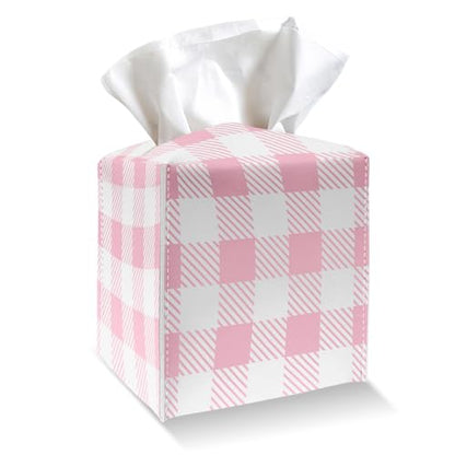 Tissue Box Cover Holder - Pink and White Plaid PU Leather Tissue Box Cover with Bottom Belt, Square Facial Paper Organizer Dispenser for Tabletop, Bathroom, Kitchen, Car & Office -027 - color: Pink and White Plaid