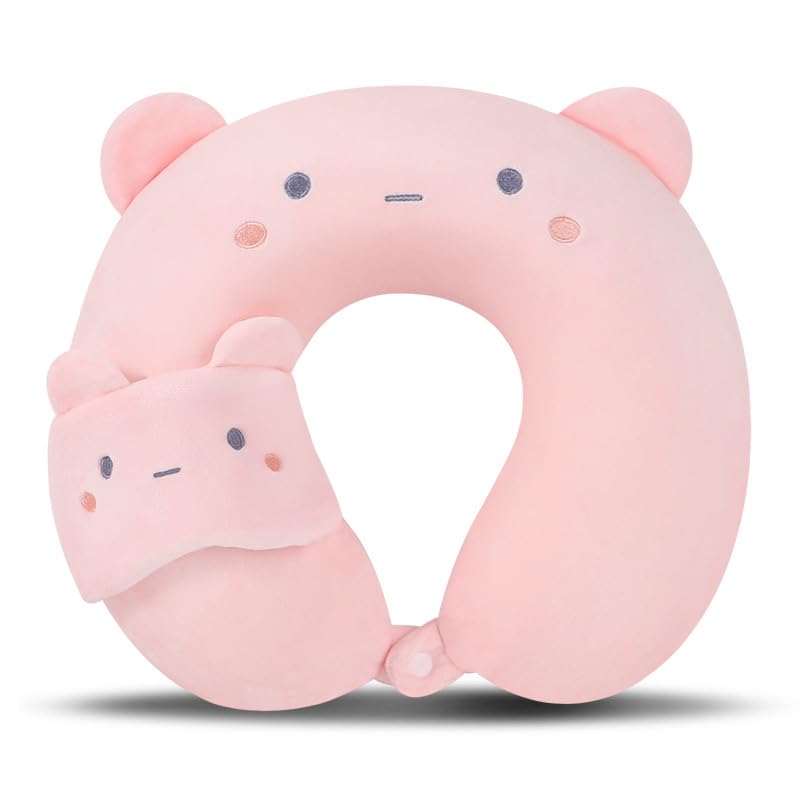 Kids Neck Pillow for Travel with Sleep Eye Mask, Cute Travel Neck Pillow, Memory Foam Flight Sleeping Headrest Pillow for Boys & Girls, Airplane, Train, Car, Home Use - Peach Bear - color: Peach Bear