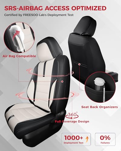 FREESOO Universal Full Seat Covers, Waterproof Faux Leather Automotive Seat Covers with Carbon Fiber Texture Seat Belt Pads, Anti-Slip Airbag Compatible Car Seat Covers for Cars SUVs Trucks - color: Black White, size: Full Set - 5 Seats