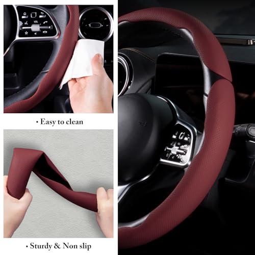 Car Steering Wheel Cover Leather Snap On 3Pcs Set Non-Slip Protector Wrap Steering Wheel Accessories 14.5-15 inch Universal Wine Red - color: Wine Red