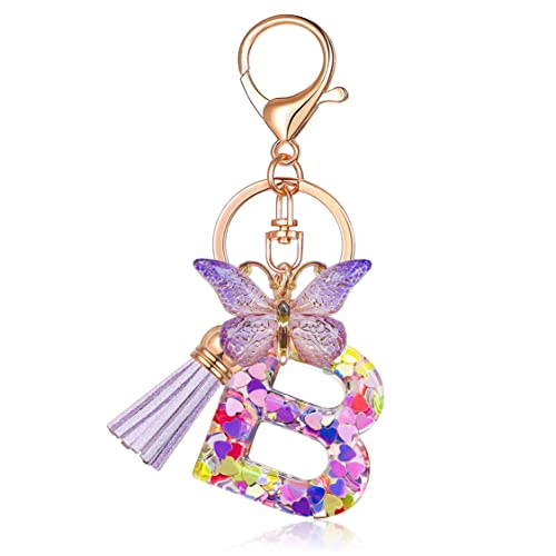 JINGUAZI Initial letter Keychains for Women Tassel Butterfly Pink Purple Cute Car Keychain for Wallet Backpack bag charm - color: B-purple