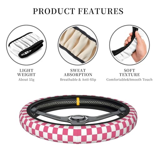 Pink Checkered Steering Wheel Cover for Women,Universal Auto Steering Wheel 14-15 Inch Car Interior Accessories with 2PCS Car Coasters,Suitable for Men and Women - color: pink