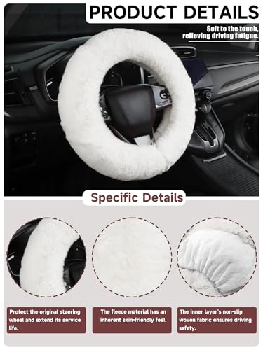 Fuzzy Fluffy Steering Wheel Cover - Warm Soft Plush Material, Universal Fit for 14-15 Inch Steering Wheels, 5 Colors - Cute Girly Car Accessory for Women, Men, Girls, Adults (White) - color: White