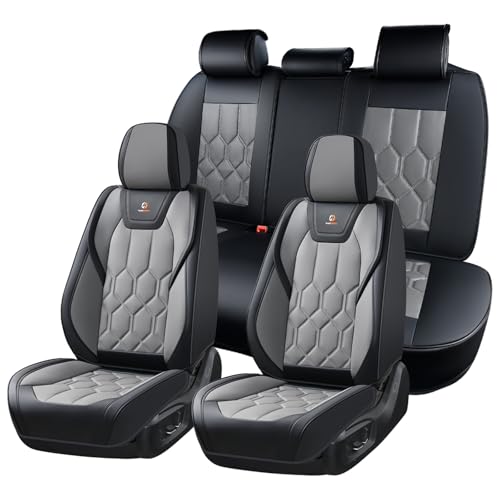 Huidasource Leather Car Seat Covers Full Set, Full Coverage Universal Fit for Most Cars SUVs Trucks, Easy Install with Velcro, Airbag Compatible, Retains Seat Functions & Cupholders, Black & Gray - color: FS: Black&Gray, size: Full Set