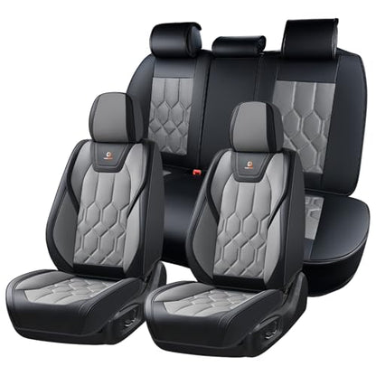 Huidasource Leather Car Seat Covers Full Set, Full Coverage Universal Fit for Most Cars SUVs Trucks, Easy Install with Velcro, Airbag Compatible, Retains Seat Functions & Cupholders, Black & Gray - color: FS: Black&Gray, size: Full Set