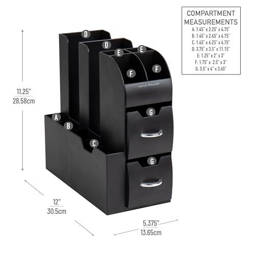 Mind Reader Cup and Condiment Station, Countertop Organizer, Coffee Bar, Kitchen, Stirrers, 5.35"W x 11.25"L x 11.15"H, Black