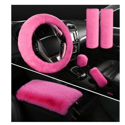 Ohleats 6 PCS Fluffy Steering Wheel Covers Set, 15'' Furry Car Wheel Cover, Soft Gear Shift & Handbrake Cover, Center Console & Seat Belt Shoulder Pads for Women, Car Accessories (Pink) - color: Pink