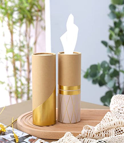 Car Tissue Holder with 3-ply Facial Tissues Bulk - 4 PK - Gold Foil Tissues Cylinder for Car Cup Holder, Travel Tissues, Refill Tissue Box Round Container Kraft