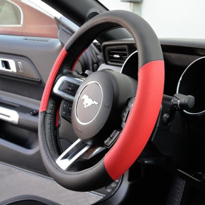 PU Leather Car Seat Covers w/Two-Tone Carpet/Vinyl Trim Car Floor Mats – Front and Back Split Bench Seat Covers, Steering Wheel Cover, Floor Mats (Black/Red) - color: Red