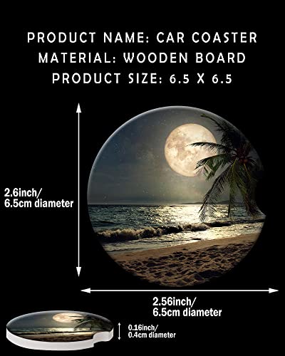 2 Pack Universal Ceramic Car Coasters Tropical Beach Palm Tree with Full Moon Starry Night,Ceramic Stone with A Finger Notch for Easy Removal of Car Cup Holder Coaster - color: Tropical Beach Palm Tree With Full Moon Starry Night