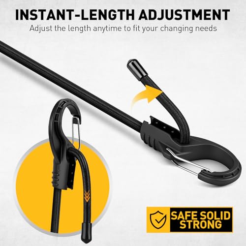 Bungee Cord Roll with 40-Piece Adjustable Hooks, 1/3" x 65ft Heavy Duty Outdoor Bungee Cords, Marine Grade Black Super Elastic Cord with Carabiner Hooks for Cargo, Camping, Bike Racks, Tents